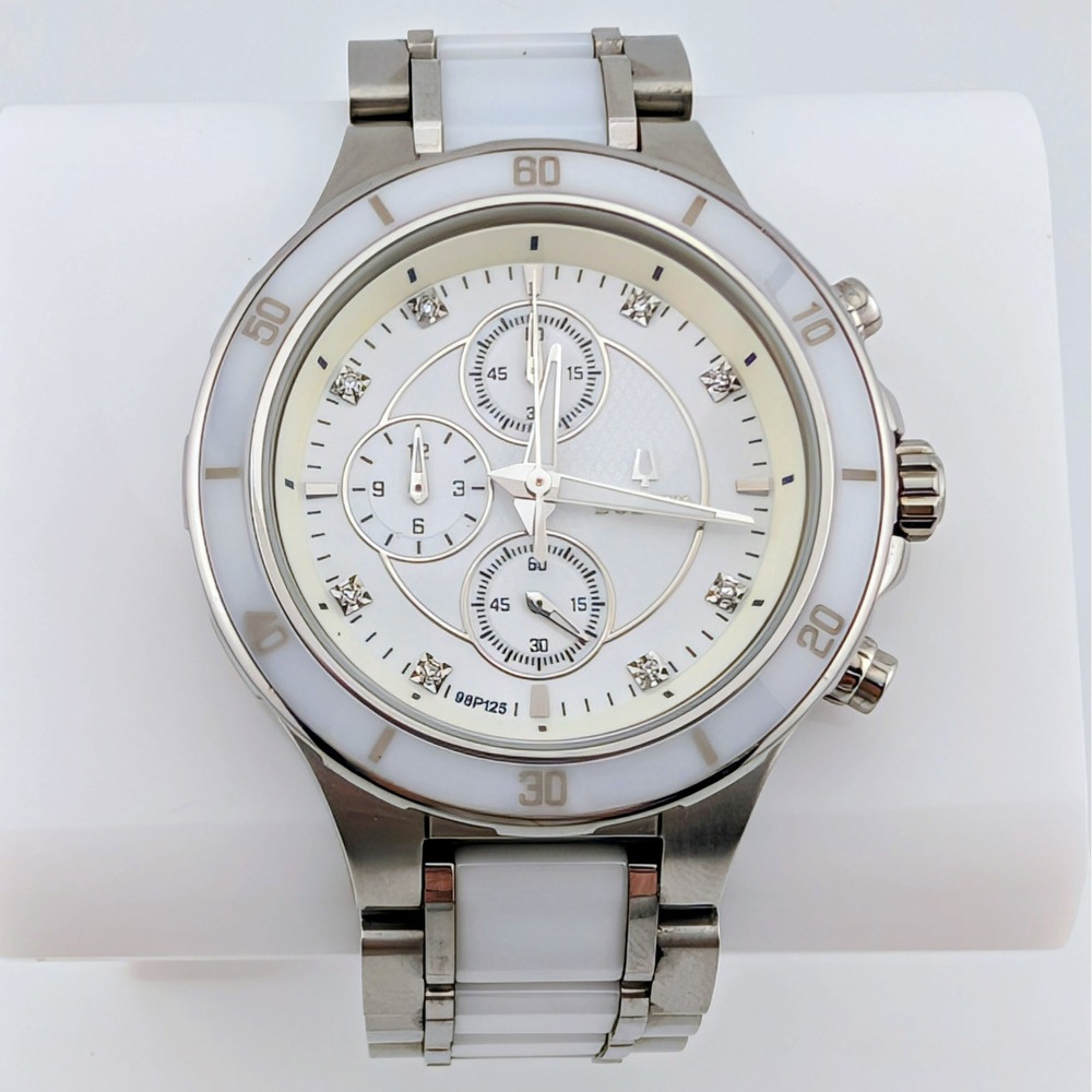Bulova 98P125 Diamond Chronograph White Ceramic SS Women's Watch 40mm 6"